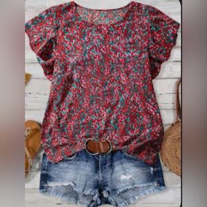 SHEIN Curve Women’s Red Floral Short Sleeve Lightweight Blouse